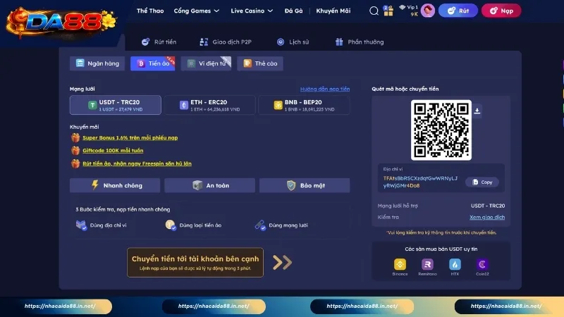 DA88 nạp rút nhanh an toàn và không tốn phí